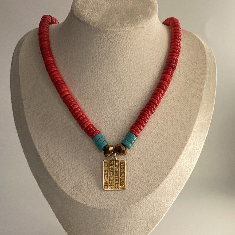 ✨ Mama Helen’s Handmade Red Rondelle Necklace – Gold Charm & Blue Stone Accents